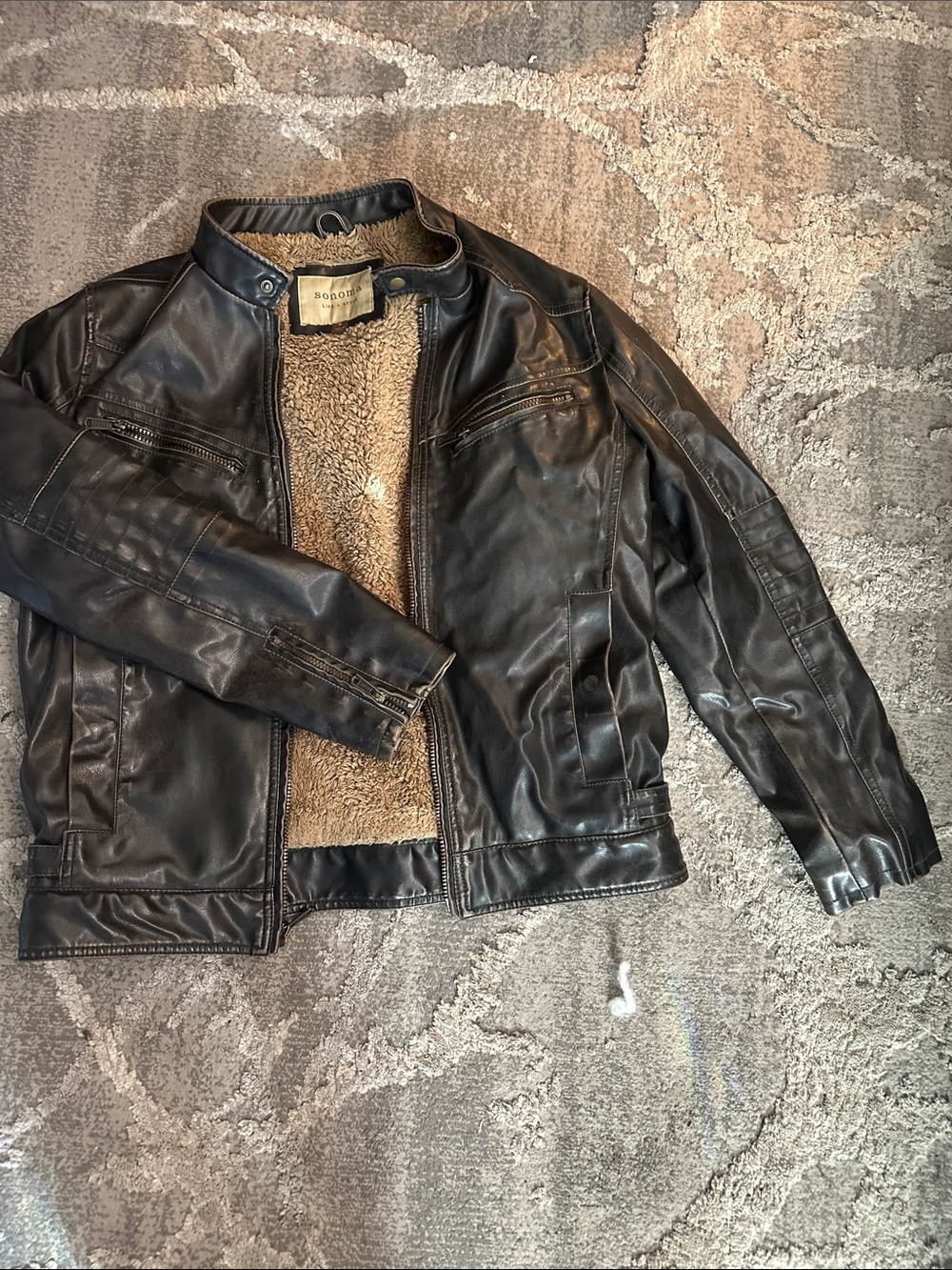 Sonoma Life + Style Black Faux Leather Bomber Jacket with Tan Sherpa Lining